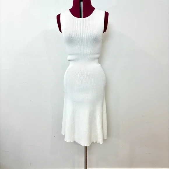 Massimo Dutti White Ribbed Slim Fit Knee length Dress sz M - Picture 2 of 8